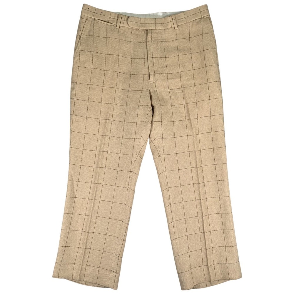 Vintage Polo Golf Ralph Lauren Pants Men 36/30(36X28) Tan Windowpane Check Linen